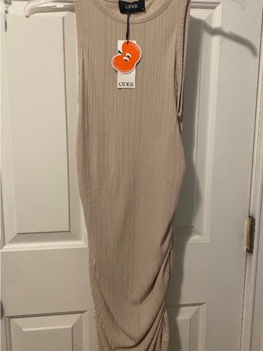 Cider Ribbed Sleeveless Midi Dress in Taupe Beige